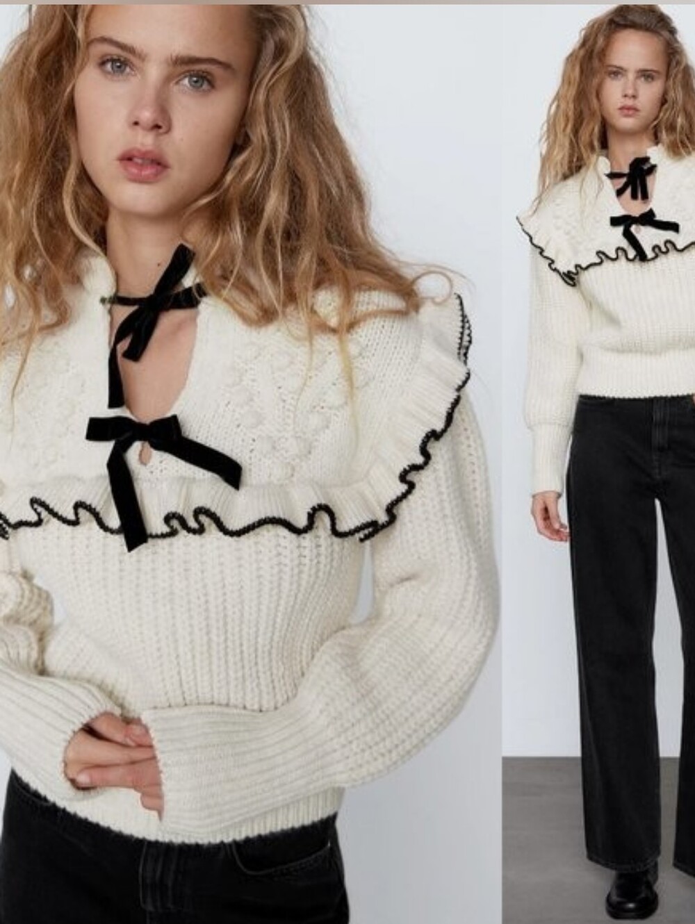 🎀 Zara Black and White Cream Bow Knit Sweater Ruffled